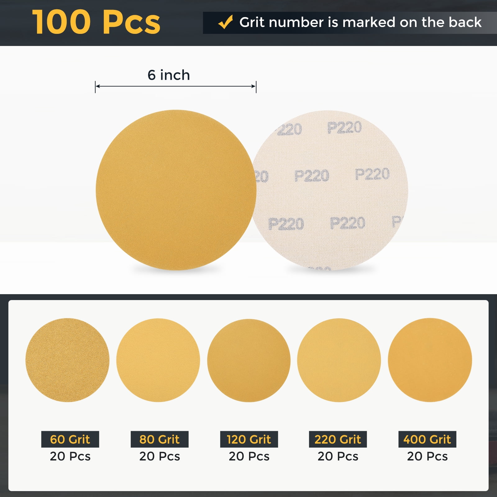 100 Pcs 6 Inch Sanding Disc 60/80/120/220/400 Grit Hook and Loop Sandpaper Random Orbital Sander Pads for Woodworking Automotive, Gold