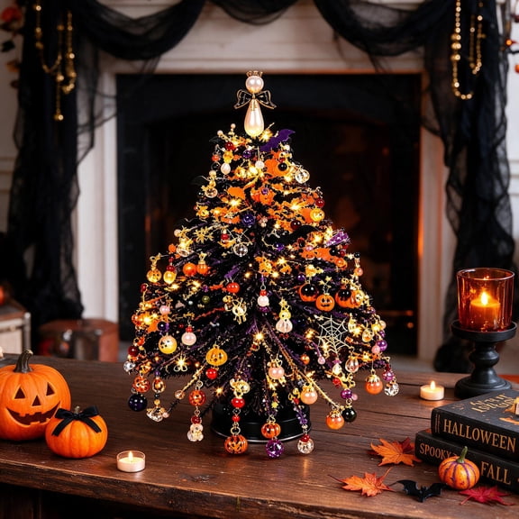 DIY Beaded Halloween & Christmas Tree Kit with LED Lights, Colorful Beads and Holiday Charms, Lighted Tabletop Tree Craft Set, Mini Seasonal Decoration for Home, Office, Mantel Displays