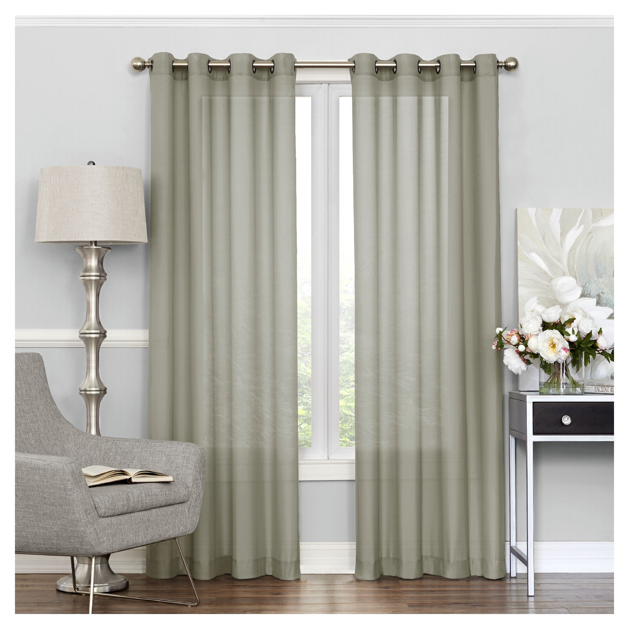 Eclipse Liberty Light Filtering Sheer Grommet Top Single Window Curtain Panel, Sage Green, 52x95