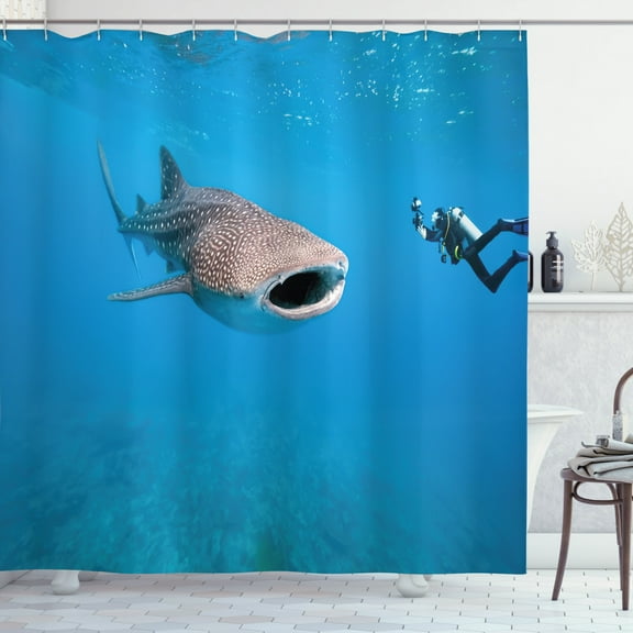 Ambesonne Shark Shower Curtain, Giant Fish Ocean Diving, 69"Wx70"L, Violet Blue Pale Grey