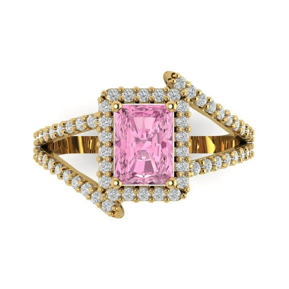 1.935 ct Emerald Cut Simulated Pink Diamond Solitaire with Simulated Diamond Accents 14K Yellow Gold Womens Engagement Ring