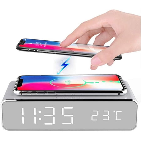 Wireless QI Multifunction LED Digital Alarm Clock with HD Display and Time and Temperature for Bedroom, Meeting, Travel, Homework and More