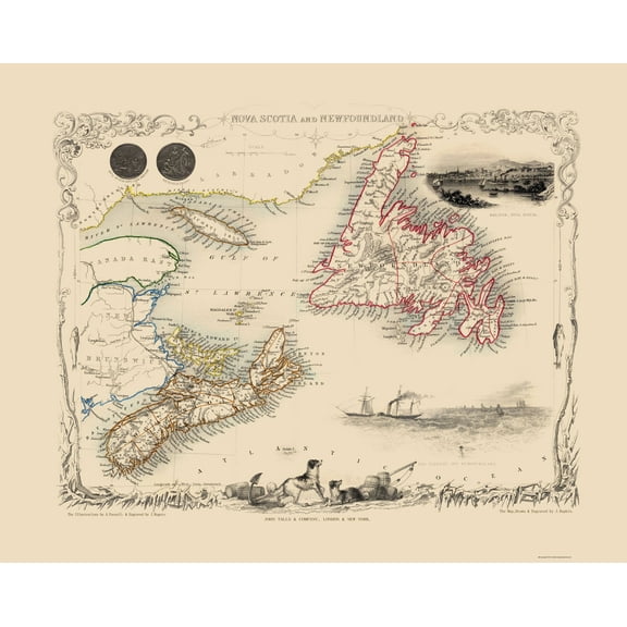 Historic Map - Nova Scotia Newfoundland Canada - Tallis 1851 - 23 x 28.83 - Vintage Wall Art