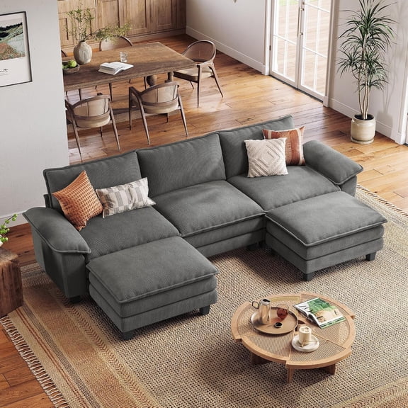 Sectional Sofa, 123.6-Inch 3-Seat Corduroy Modular U-Shaped Cloud Couch with Movable Ottoman, Grey for Living Room or Apartment