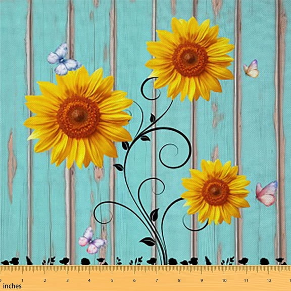Erosebridal Sunflower Fabric by the Yard,Distressed Blue Wooden Board Upholstery Fabric,Yellow Flowers Butterfly Decorative Fabric,Country Grunge Farmhouse Outdoor Fabric for Diy Upholstery,10 Yards