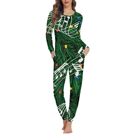 

NETILGEN Music Notes Christmas Tree Loungewear Pj Set for Women Plus Size Pajamas for Women Set Pants 2 Pieces Home Life Casual Women Pajama Set Long Sleeve