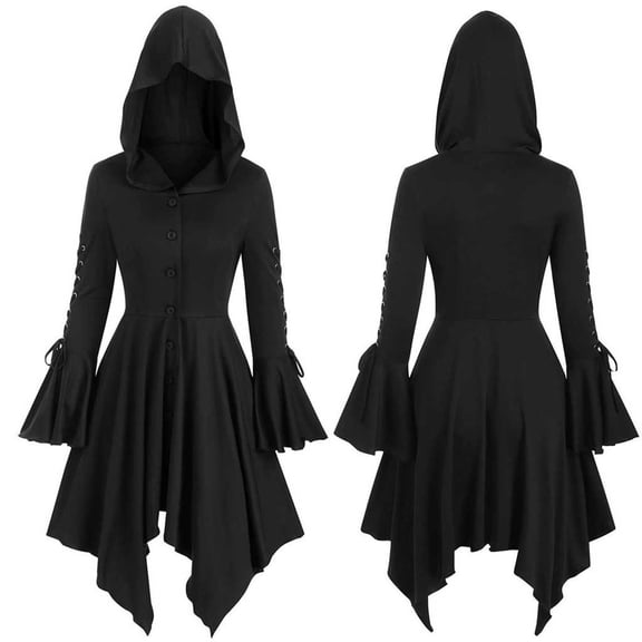 Witch Hooded Dress, Gothic Asymmetric Dress, Renaissance Witch Costume, Halloween Cosplay Gown, Gothic Cape Dress Retro Hooded Ruffle Sleeves Irregular Skirt Women'S Cape Coat, Black L