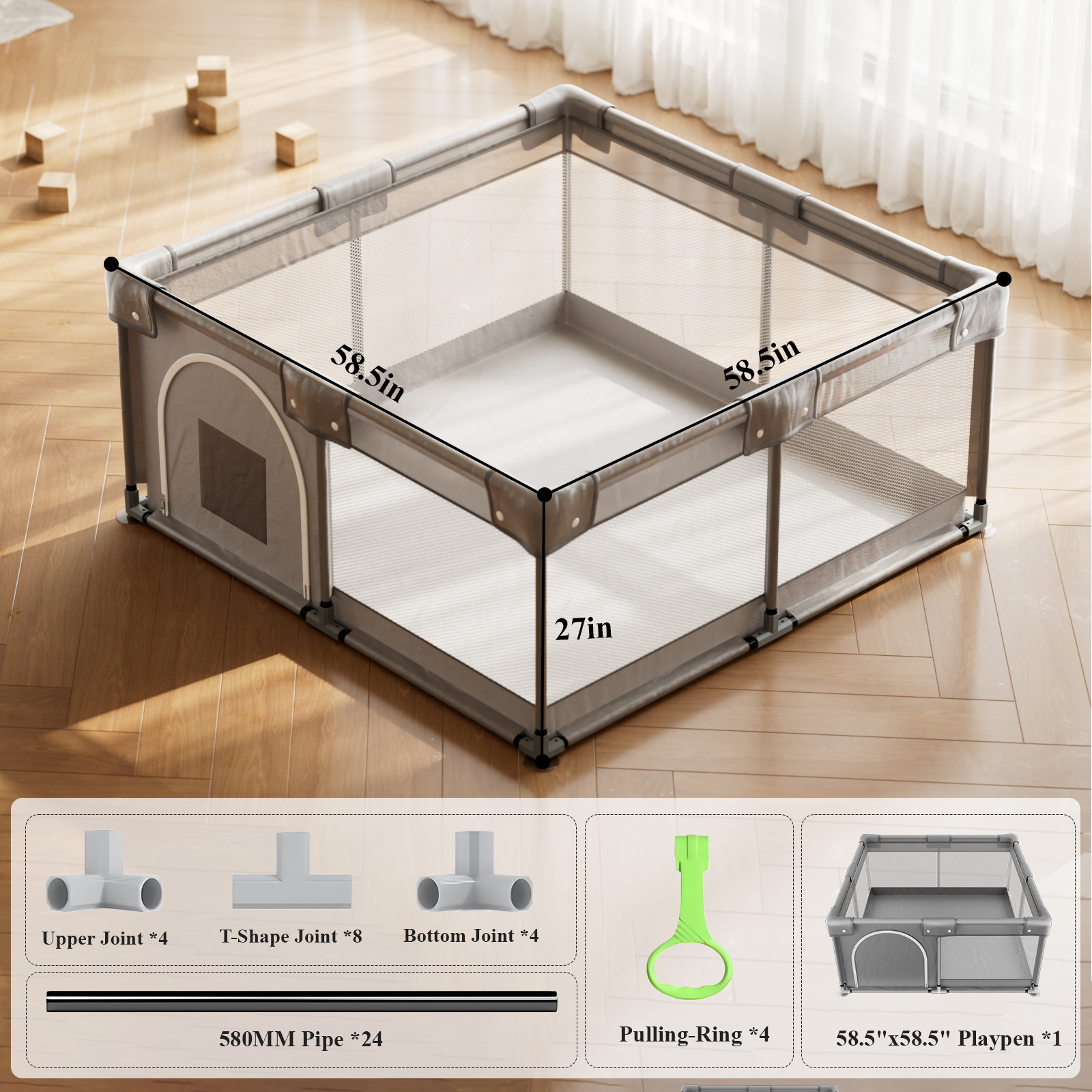 NimbleRest 58.5"x58.5" Large Baby Playpen Toddler Play Yards Safety Fence, Gray