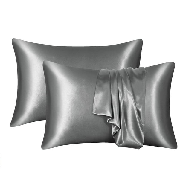 Juego de fundas de almohada de seda para cabello y piel, tejido satinado, lujo asequible, diseño de cremallera oculta, suave, transpirable y refrescante, paquete de 2 (51 x 76 cm, gris oscuro)