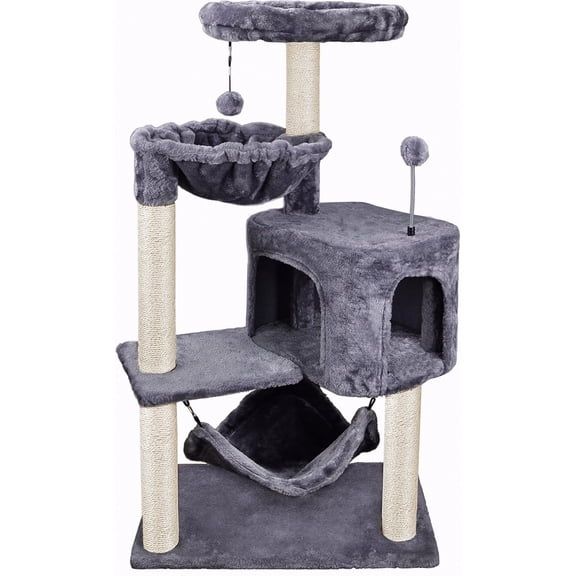 YUNIQUE Stylish Cat Tree Featuring Grey Condo And Spacious Hammock, 4 Layers