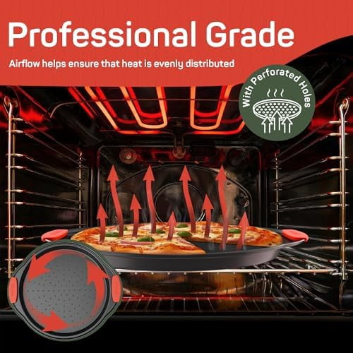 Nonstick Pizza Pan Set with Silicone Handles, Round Carbon Steel Tray 1 Pack 13-Inch with Perforated Holes, Oven & Dishwasher Safe Gray