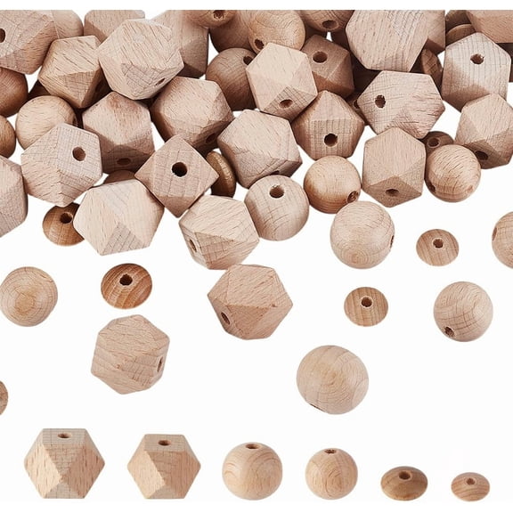 90Pcs Natural Beech Wood Beads 3 Styles 2 Sizes HexagonRound Abacus Beads Unfinished Wood Loose Beads with Hole for DIY Crafts Necklace Bracelet Jewelry Making Beige