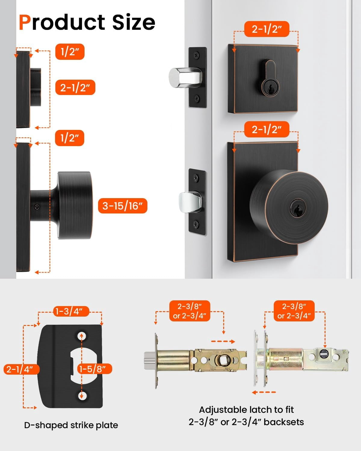 Oil Rubbed Bronze Door Knob with Deadbolt, Zinc Alloy Bronze Keyed Alike Exterior Door Lock Set, Heavy Duty Front Door Knob and Deadbolt Set with Lock and Key, Reversible (1 Pack)