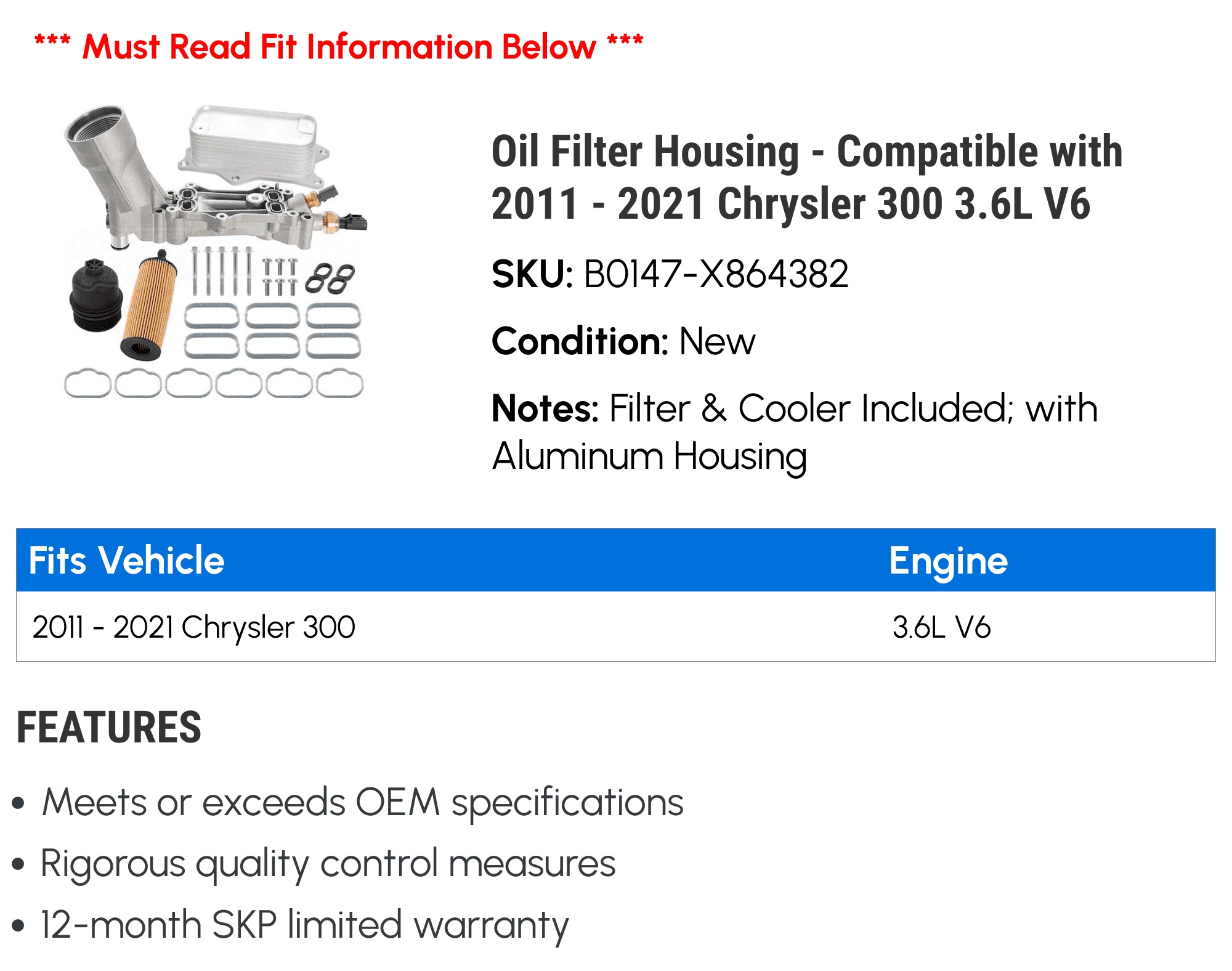 Oil Filter Housing - Compatible with 2011 - 2021 Chrysler 300 3.6L V6 2012 2013 2014 2015 2016 2017 2018 2019 2020