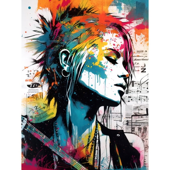 Emo Woman Electric Guitar Sheet Music Upcycle Art Splatter Paint Modern Painting Unframed Wall Art Print Poster Home Decor Premium