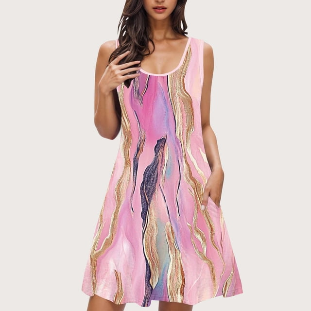 Ovzne Robes Grande Taille pour Femmes aux Formes Robe Femme Imprimée avec Poches Chemises de Nuit Sans Manches Tenue de Nuit Chemise de Nuit Col Rond Robe de Nuit Robe de Vacances Imprimée Liquidation