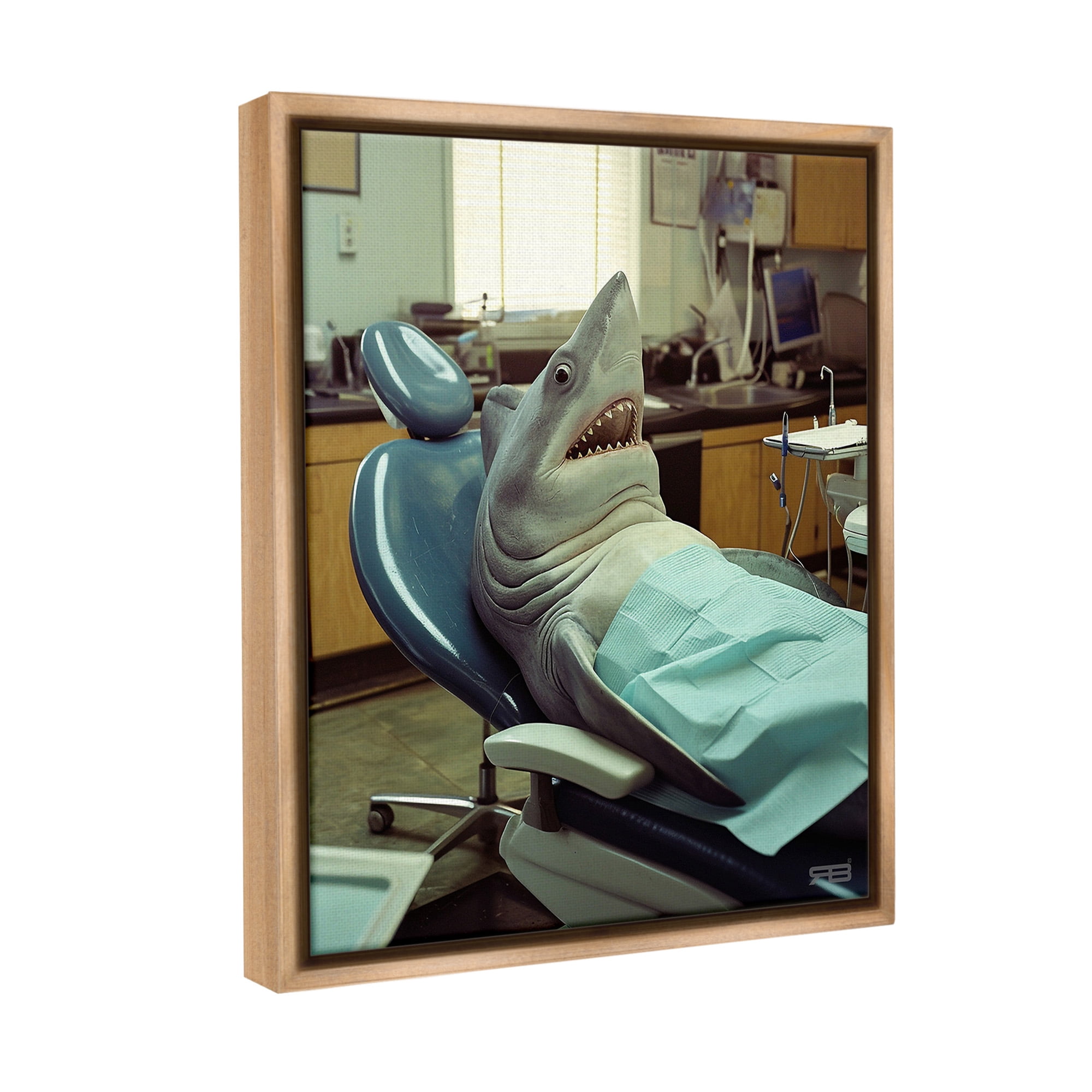 Stupell Industries Shark at Dentist Animals & Insects Painting Brown Floater Framed Canvas Art Print Wall Art, 17 x 21