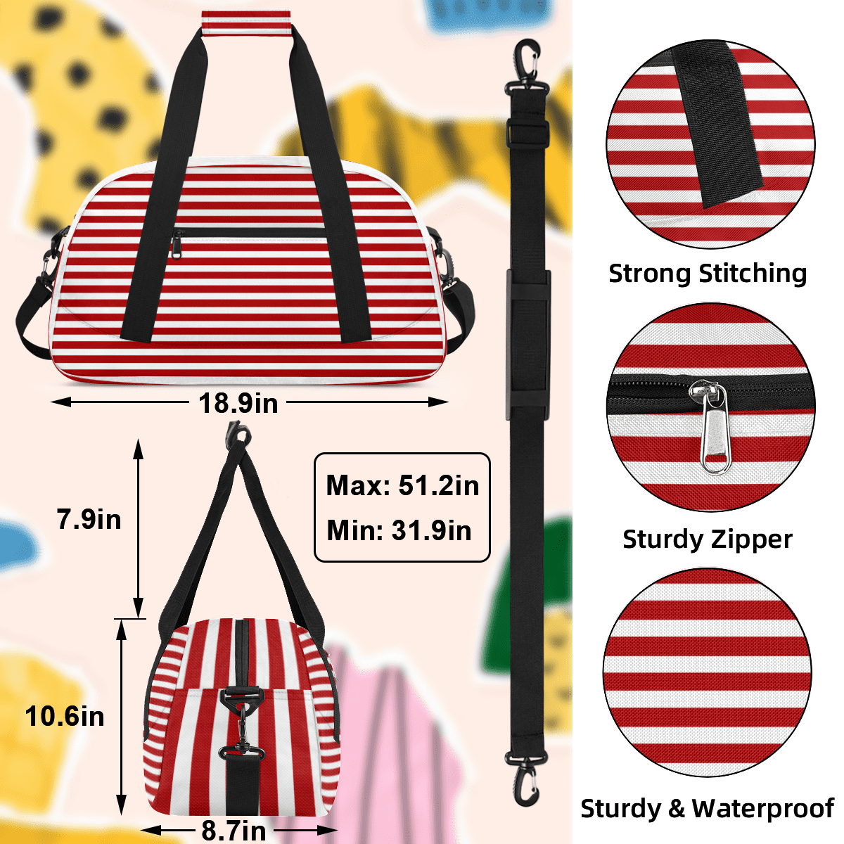 Herdesigns Red Striped Sports Duffle Bag for Women & Men, Gym Bag Dance Bag Overnight Bag Carry On Weekender Travel Bag