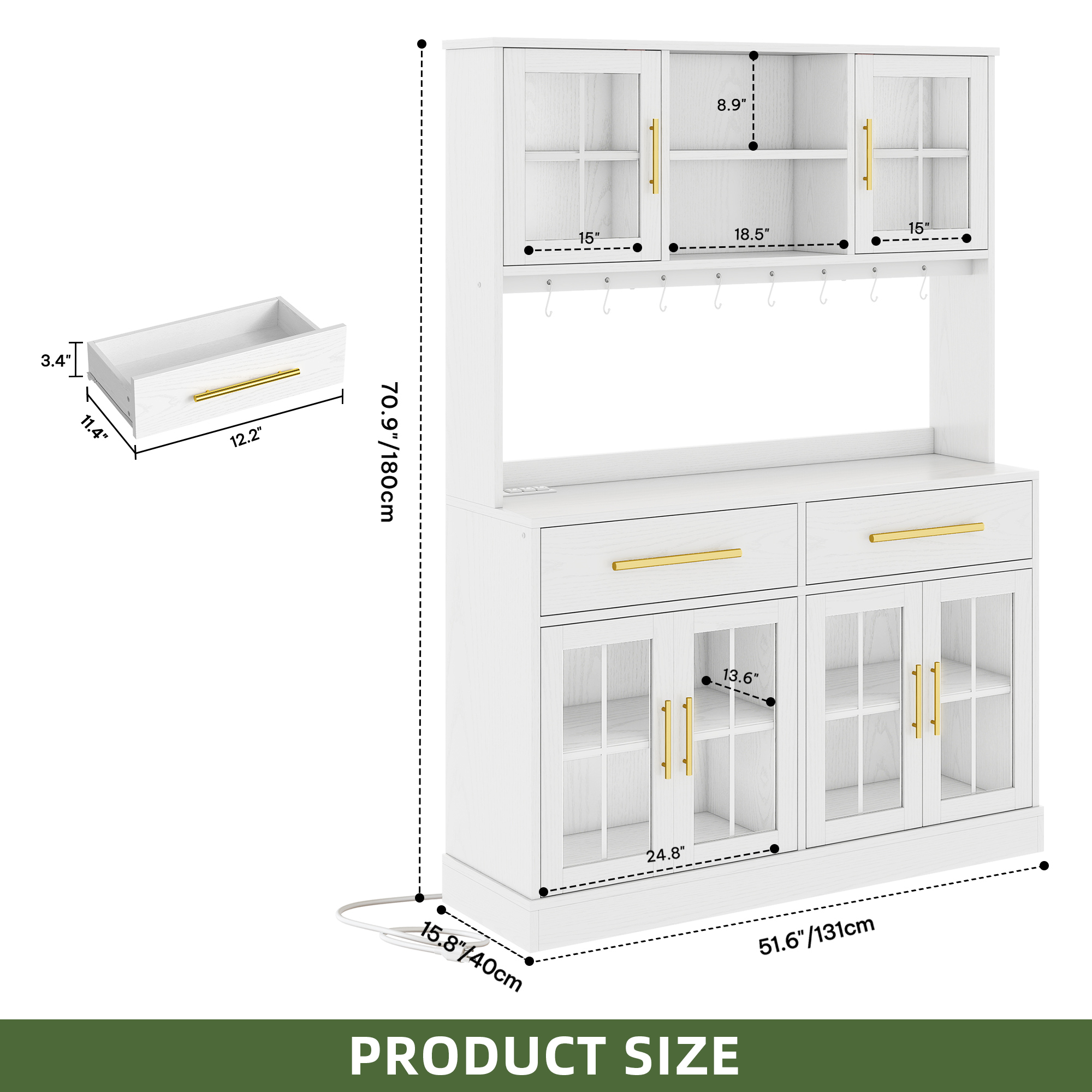 Uforic 71'' Tall Kitchen Pantry Storage Cabinet with 6 Doors, 2 Drawers, Freestanding Kitchen Hutch with Microwave Stand & Power Outlet, White