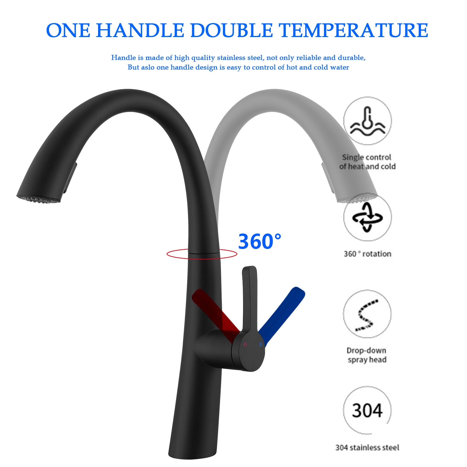 Izzovium Stainless Steel Pull Out Kitchen Faucet, Single Handle High-Arc Matte Black Faucet with 1.5GPM Flow, 360° Rotation & Dual Spray Modes, 27.56" Hose for Easy Cleaning