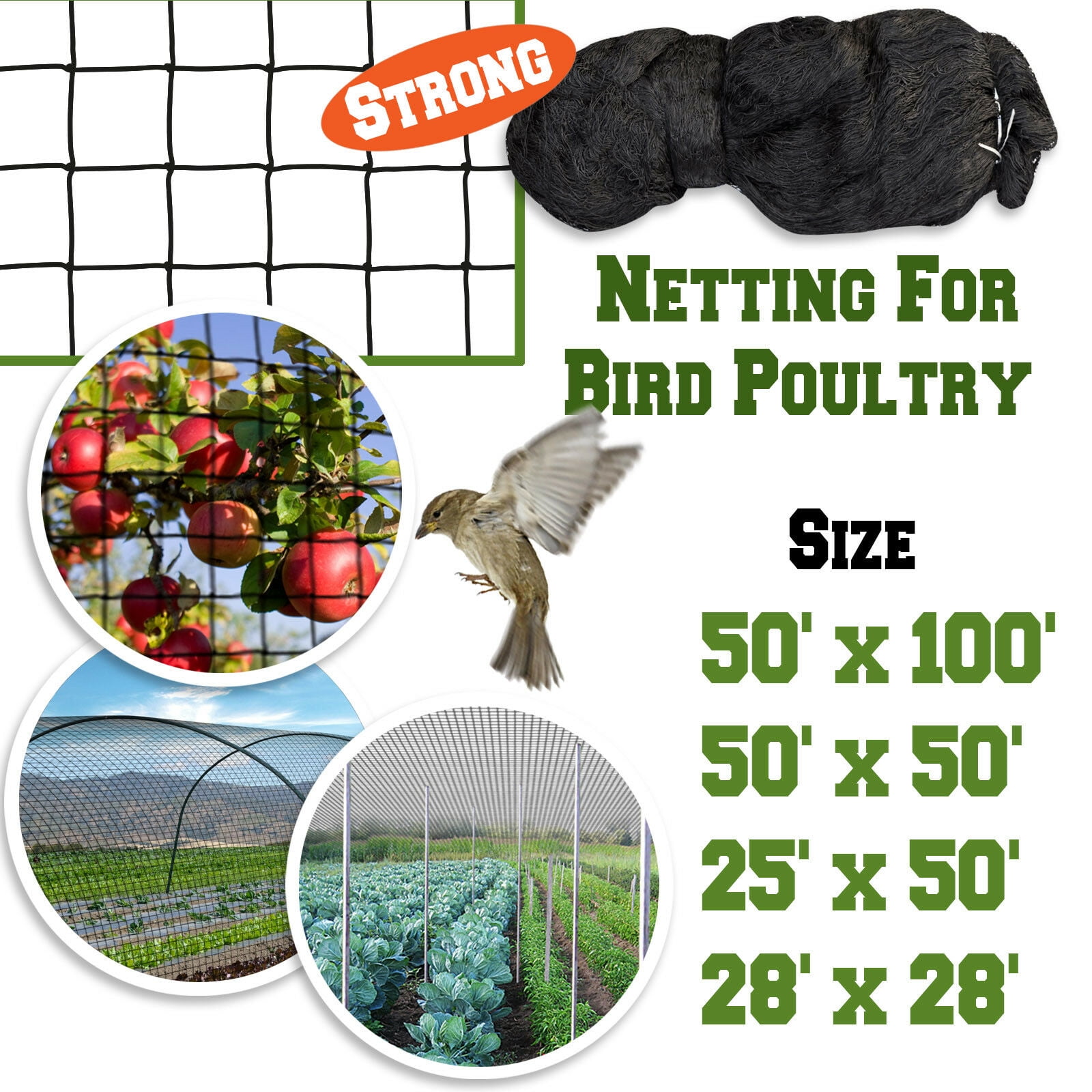 Anti Bird Net Netting for Bird Poultry Aviary Game Pens 50/25x50' 2" Mesh 
