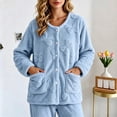 thumbnail image 2 of Lcziwo Womens Fleece Jacket Button Down Long Sleeve Loungewear Bow Texture Fuzzy Cozy Pajama Tops with Pockets 2026 Blue,XXL, 2 of 9