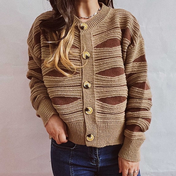 CEHVOM Women's Casual Irregular Stripe Contrast Color Crewneck Cropped Cardigan Sweater Jacket