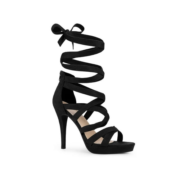 BLISSFUL STEP Strappy Platform Lace Up Stiletto Heels Sandals for Women Black 10