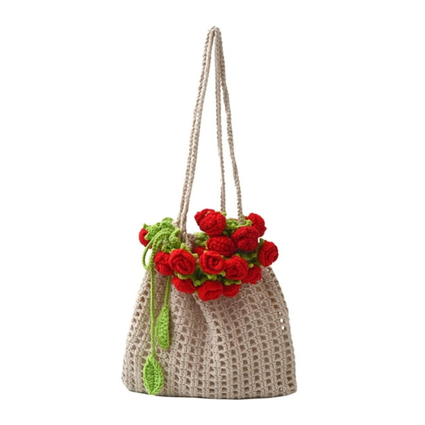 Bolso tejido con ramo de rosas en 3D, diseño bohemio, bolso de moda para viajes diarios. Rojo