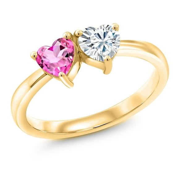 Gem Stone King 18K Yellow Gold Plated Silver Fashion Right-Hand Ring Heart Shape Pink Mystic Topaz and Moissanite (1.02 Cttw, Size 5)