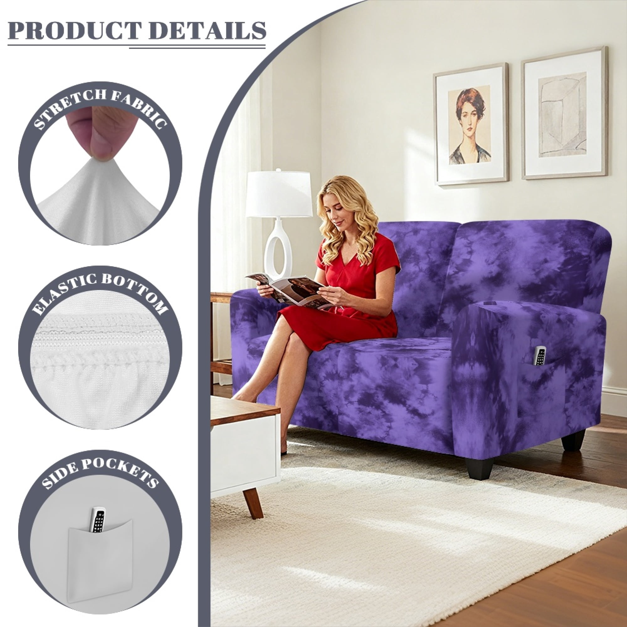 TSOVTHRID Purple Tie Dye Print Loveseat Covers 6-Piece Stretch Furniture Protector Non Slip Couch Slipcover for Dogs Pets Loveseat Slipcover Stay in Place