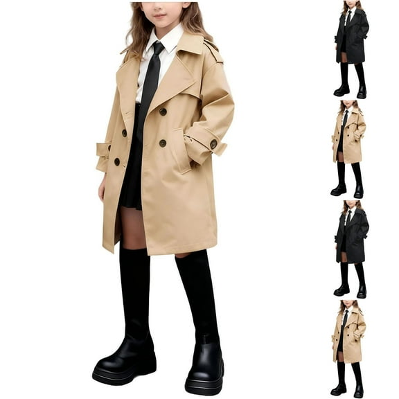 ATOGUTA Girls Trench Coat Double Breasted Classic Jacket Spring Fall Outwear Dress Coats With Pockets Size 3T-14 Khaki