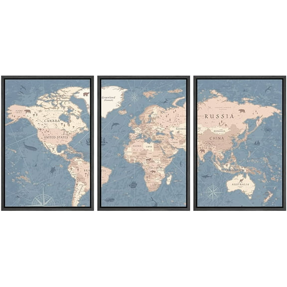 wall26 Framed Canvas Print Wall Art Set Retro Vintage Antique Pastel World Map Global Country Illustrations Modern Art International Educational for Living Room, Bedroom, Office - 24"x36"x3