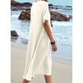 thumbnail image 4 of Womens Loose Fit Casual Linen Blend Solid Color Round Neck Short Sleeve Midi Dress Beach Khaki XL, 4 of 7
