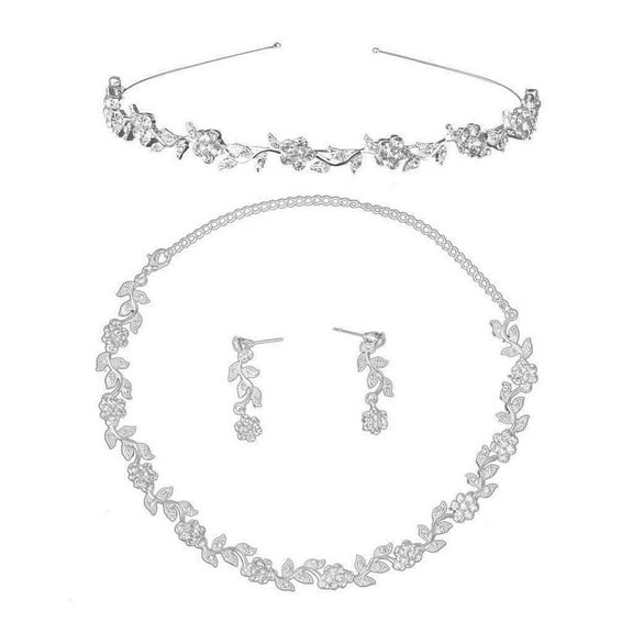 HEMOTON Bridal Wedding Rhinestone Decorated Floral Jewelry Set Tiara Necklace Earrings (Silver)