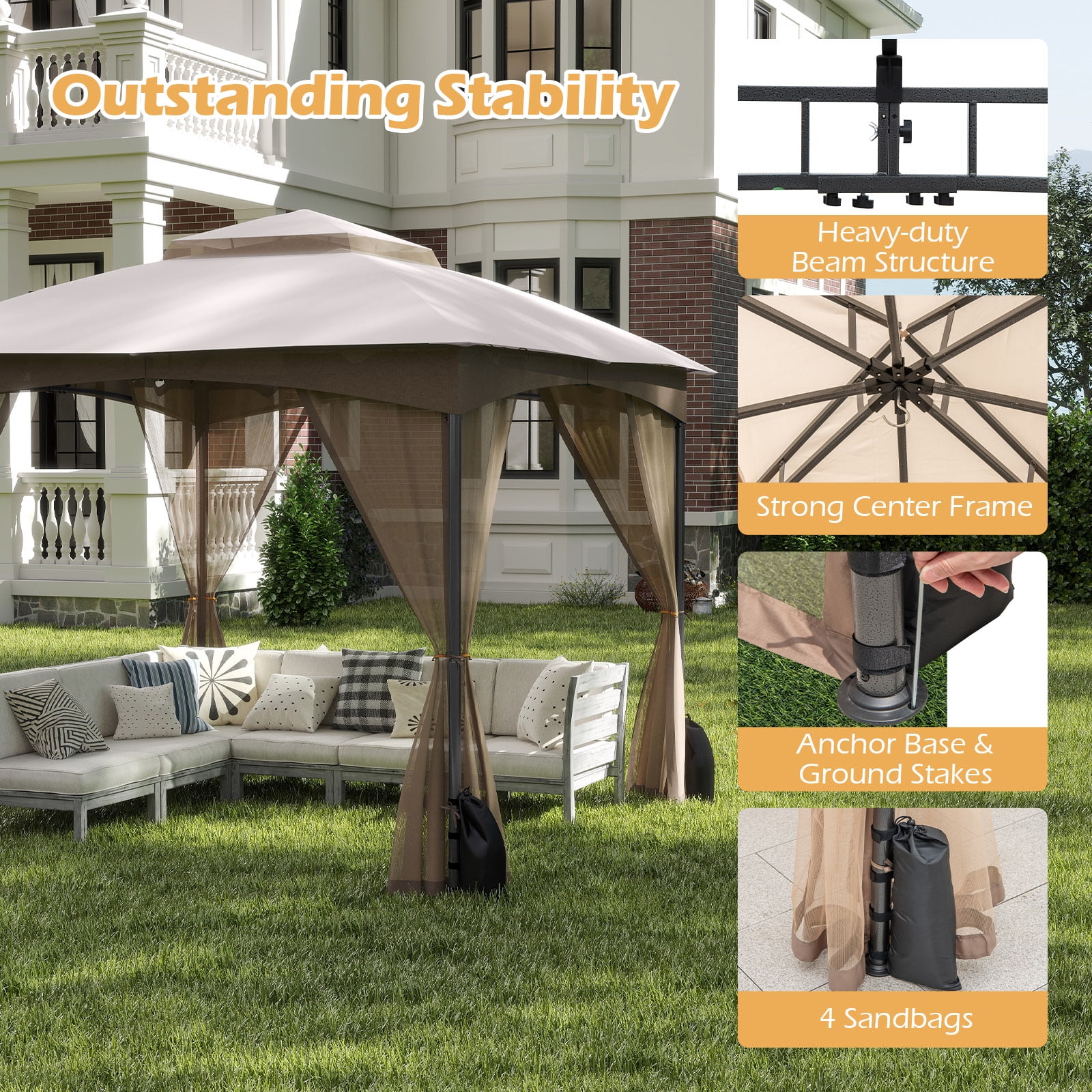 Gymax 10 X 10 FT Patio Gazebo w/ Netting Walls Soft Top Double Roof Canopy w/ 4 Sandbags Outdoor Gray