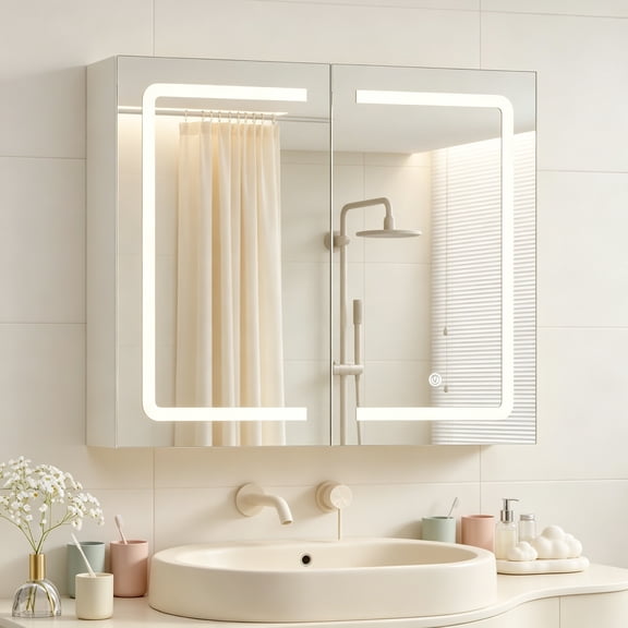 Lighted Bathroom Medicine Cabinet with Mirrors and LED Lights, 27.6"x23.6" Double Doors Wall Mounted, Adjustable Shelves, White