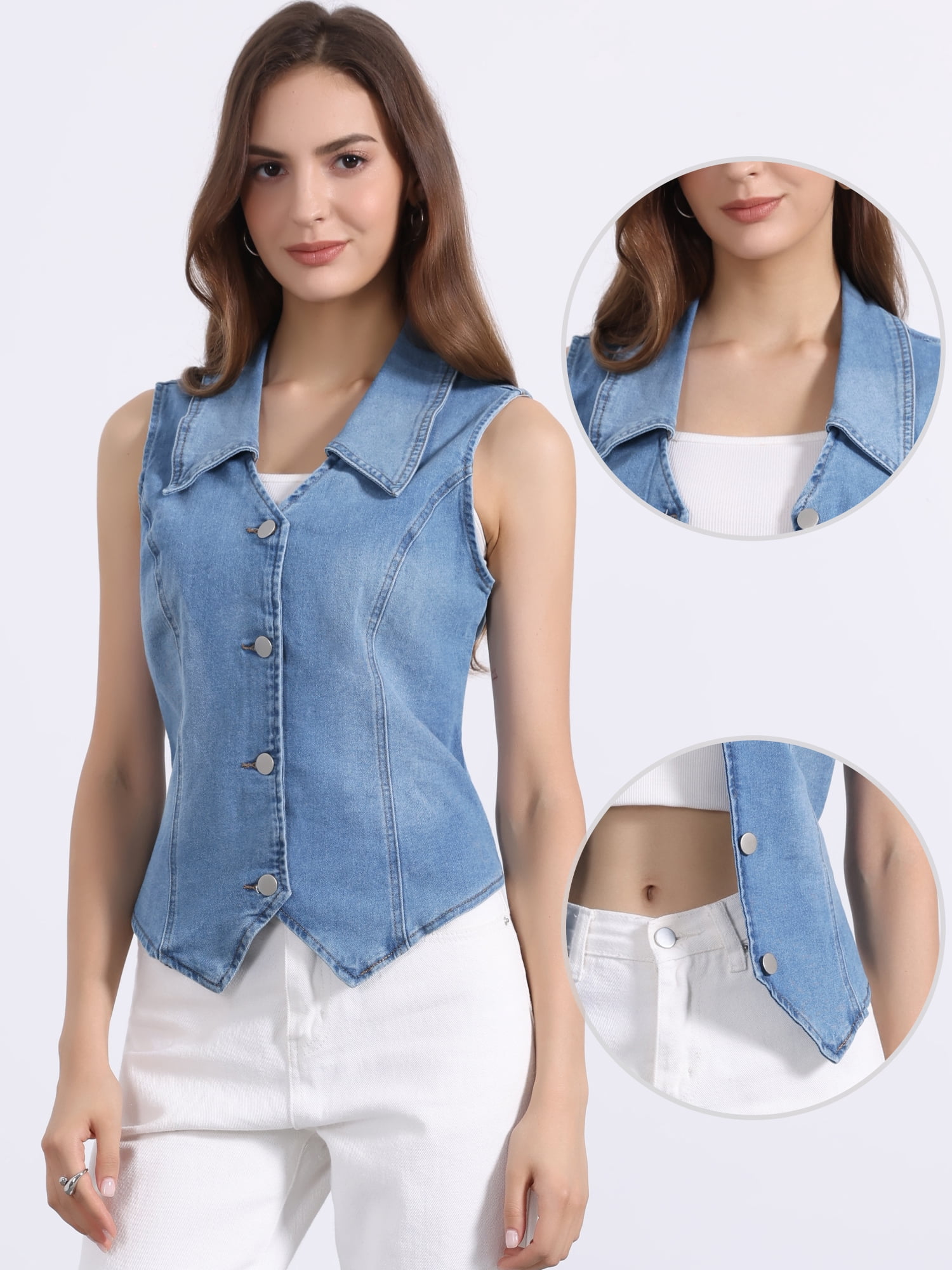 DARING DIVA Women's Denim Vest Sleeveless Jean Jacket Tops Button Down Waistcoat M Blue