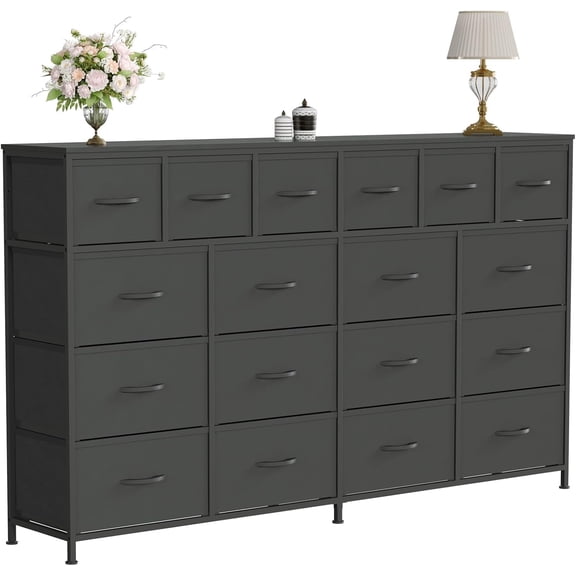 IDEALHOUSE 18 Drawer Dresser with Charging Station, Extra Large Storage Cabinet for Bedroom, Long Dressers with Fabric Drawers, Steel Frame, Wood Top, TV Console for Living Room, Black, 63in