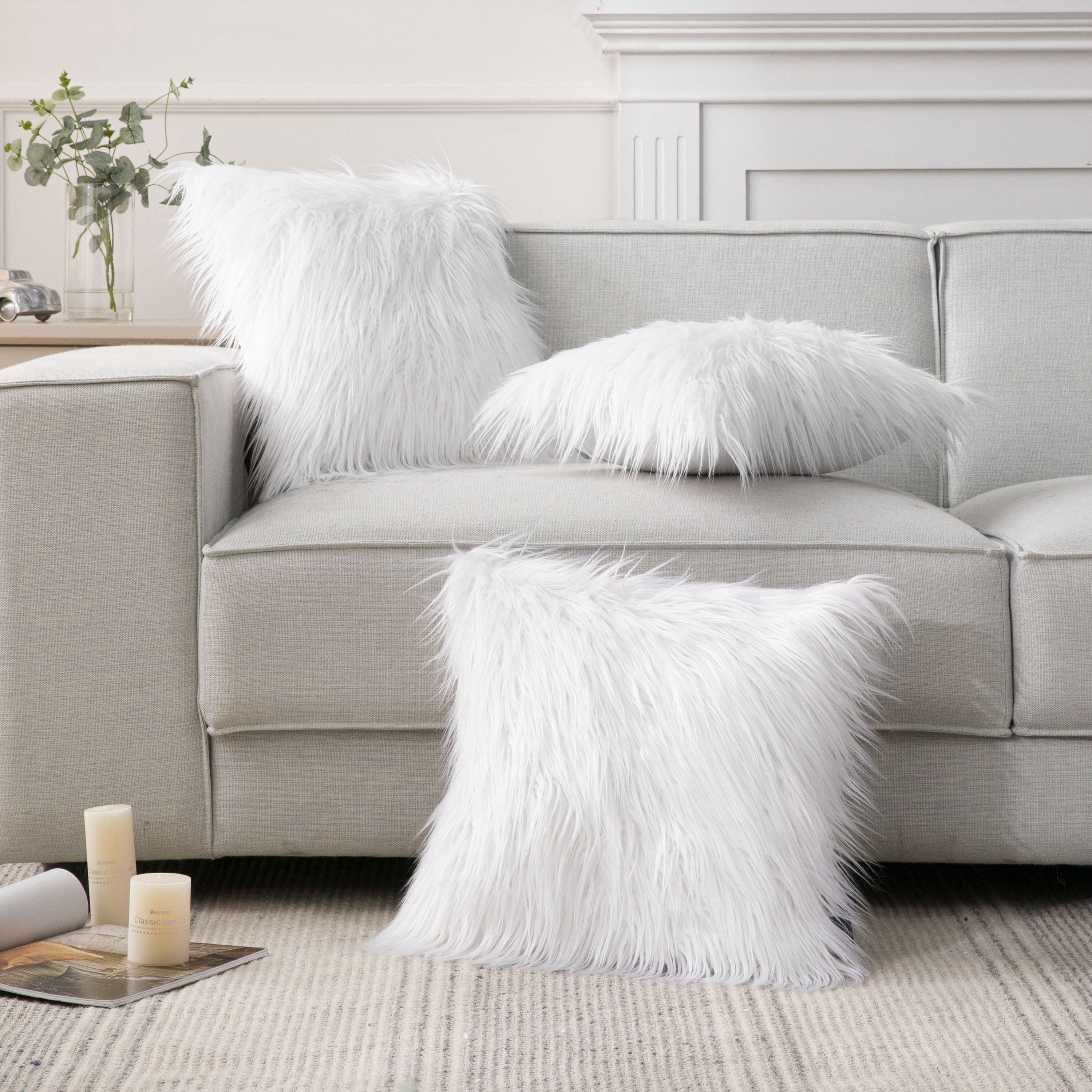 Luxury Mongolian Fluffy Faux Fur Series Square Decorative Throw Pillow Cusion for Couch, 22" x 22", True White, 2 Pack