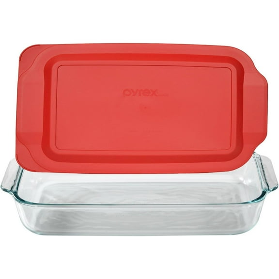 Basics 3 Quart Glass Oblong Baking Dish with Red Plastic Lid -9 inch x 13 inch x 2 inch - Original Genuine - Made in the USA