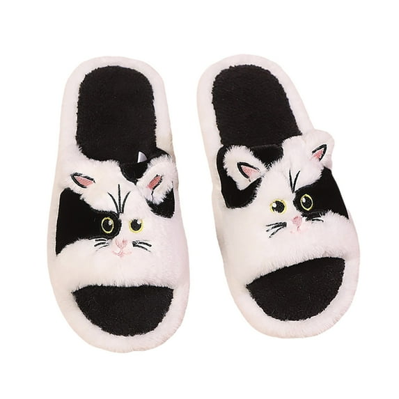 Qicasul Women's slipper Winter Fuzzy Comfortable Shoes Cute Cat Print Open Toe Flat Indoor Slides for Women Cozy Fall Home Footwear open toe Slippers Black US Size:9