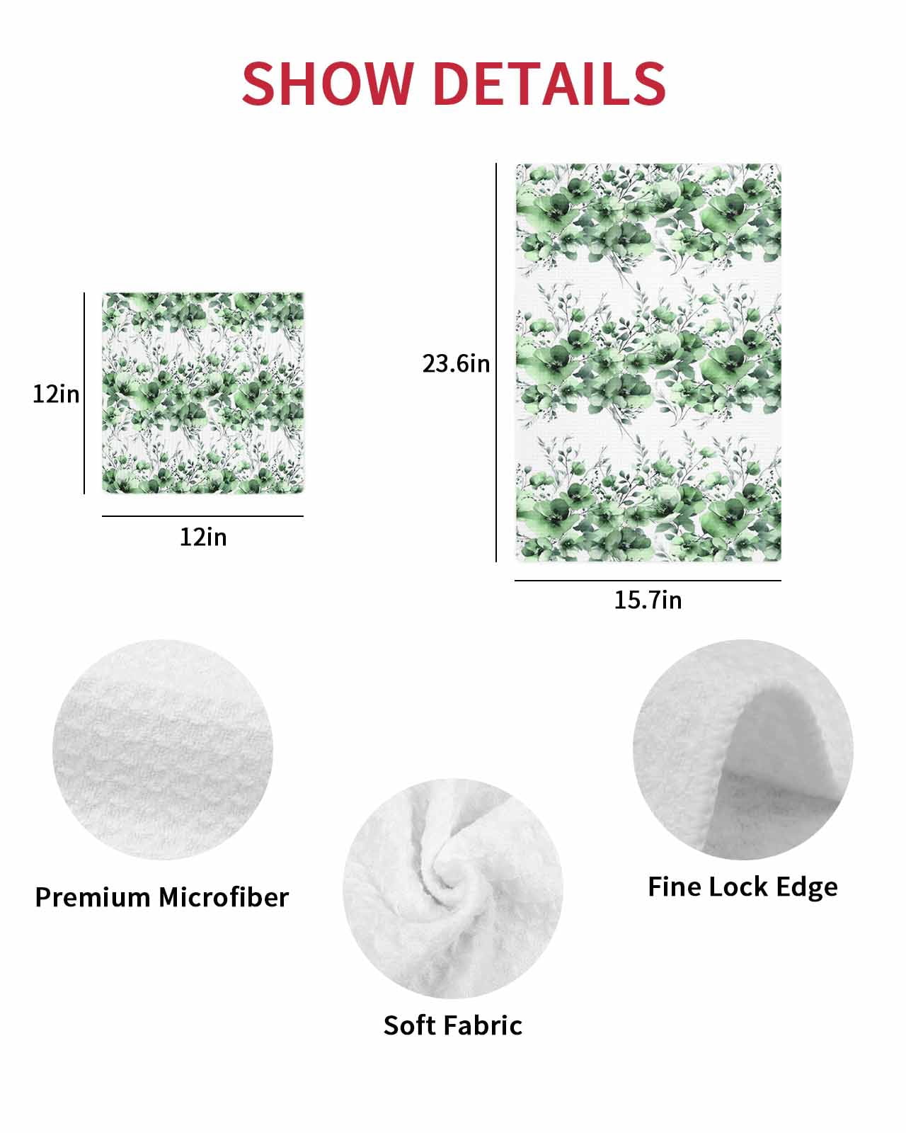 Green Floral Kitchen Dish Towels for Drying Dishes Set of 3, Vintage Farmhouse Garden Flower Leaves Waffle Weave Microfiber Hand Tea Bathroom Towels Quick Dry & Absorbent Towel 12x12