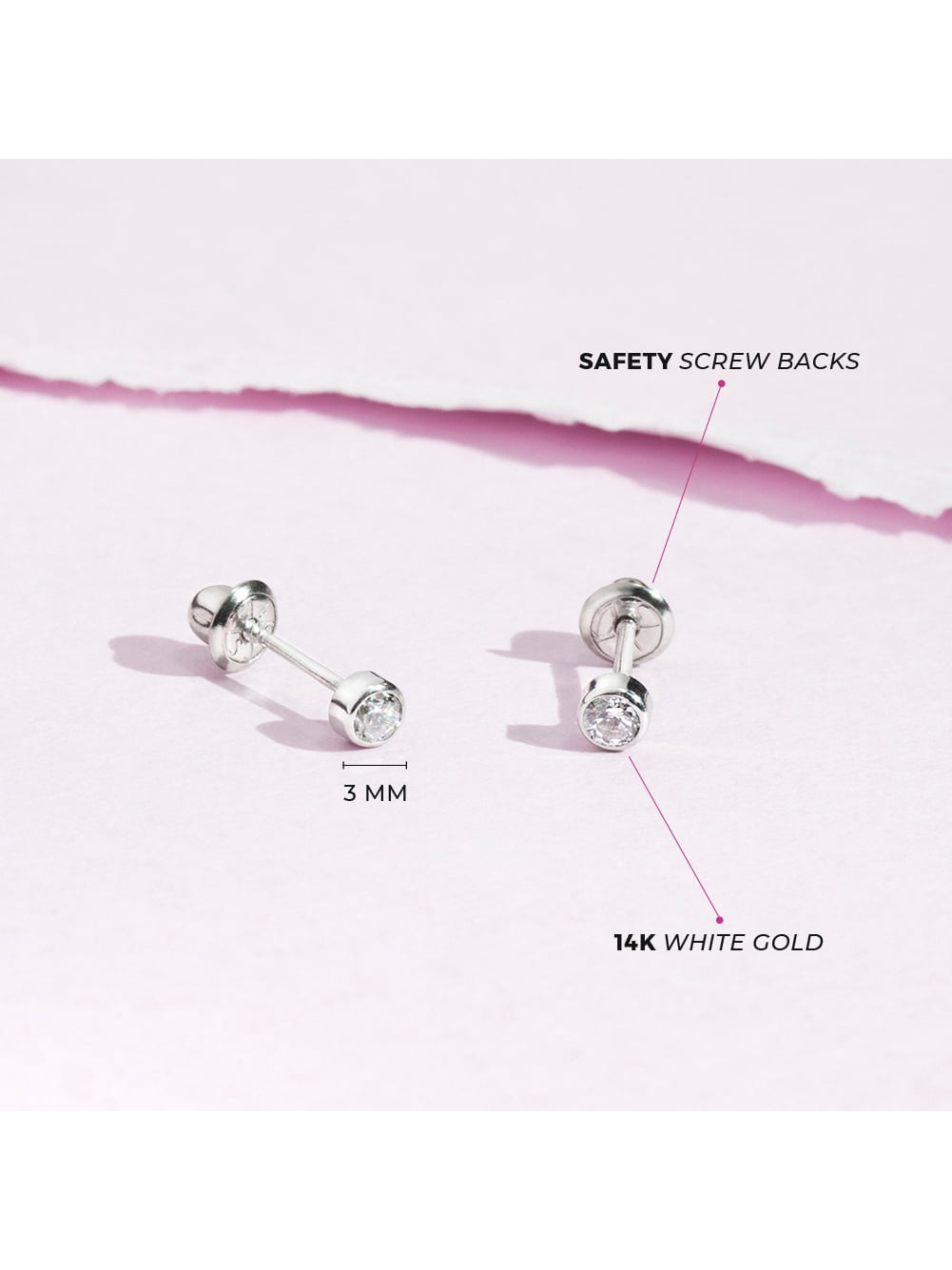 Bezel Set Simulated Diamond Toddler Screw Back Earrings 14k White Gold