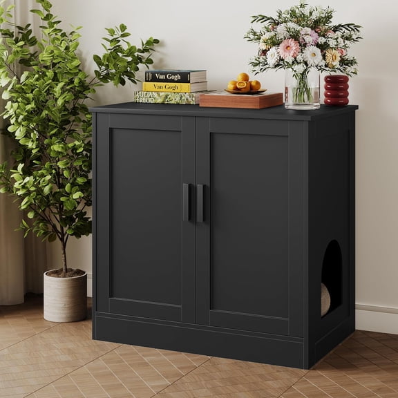 WENTMENT Cat Litter Box Furniture with Removable Divider,Large Hidden Litter Box Furniture Cat House (Black)