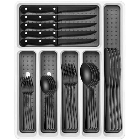 Black Silverware Set, 49-Piece Flatware Set with Drawer Organizer, Durable Stainless Steel Cutlery Set for 8, Tableware Eating Utensils with Steak Knives for Home Restaurant