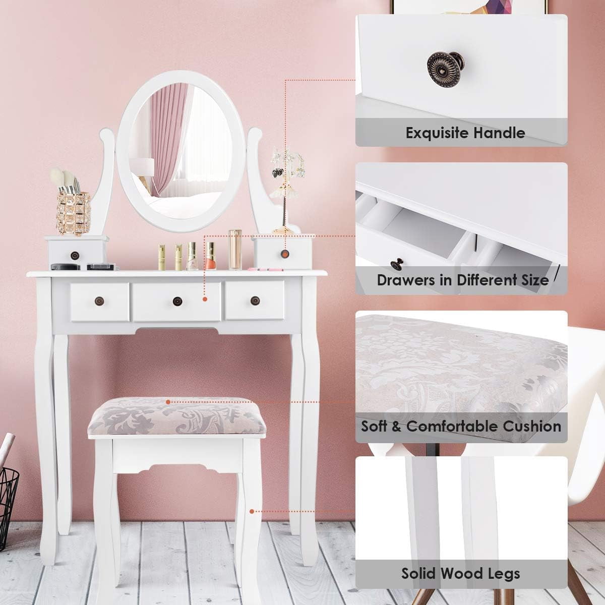 Gymax Vanity Dressing Desk Makeup Table Stool W/ 5 Storage Drawers White