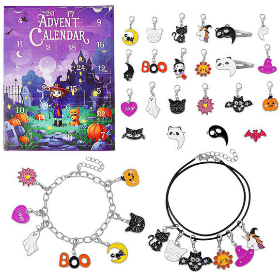 Halloween Advent Calendar 2025 for Girls and Boys With 24 Days Unique Halloween Gift Countdown Calendar Spooky Castle Design Halloween Blind Box DIY Creative Charm Pendant Bracelet Gifts