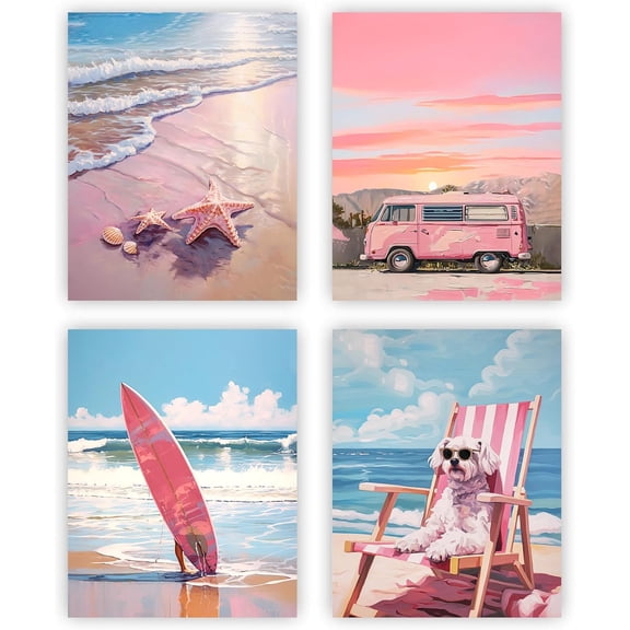 Beach Prints Canvas Wall Art, Summer Pink Coastal Wall Decor Pictures,Beachy Room Decor Aesthetic Preppy Surf Palm Tree Posters for Living Room Bathroom Set of 4 8x10 inch Unframed