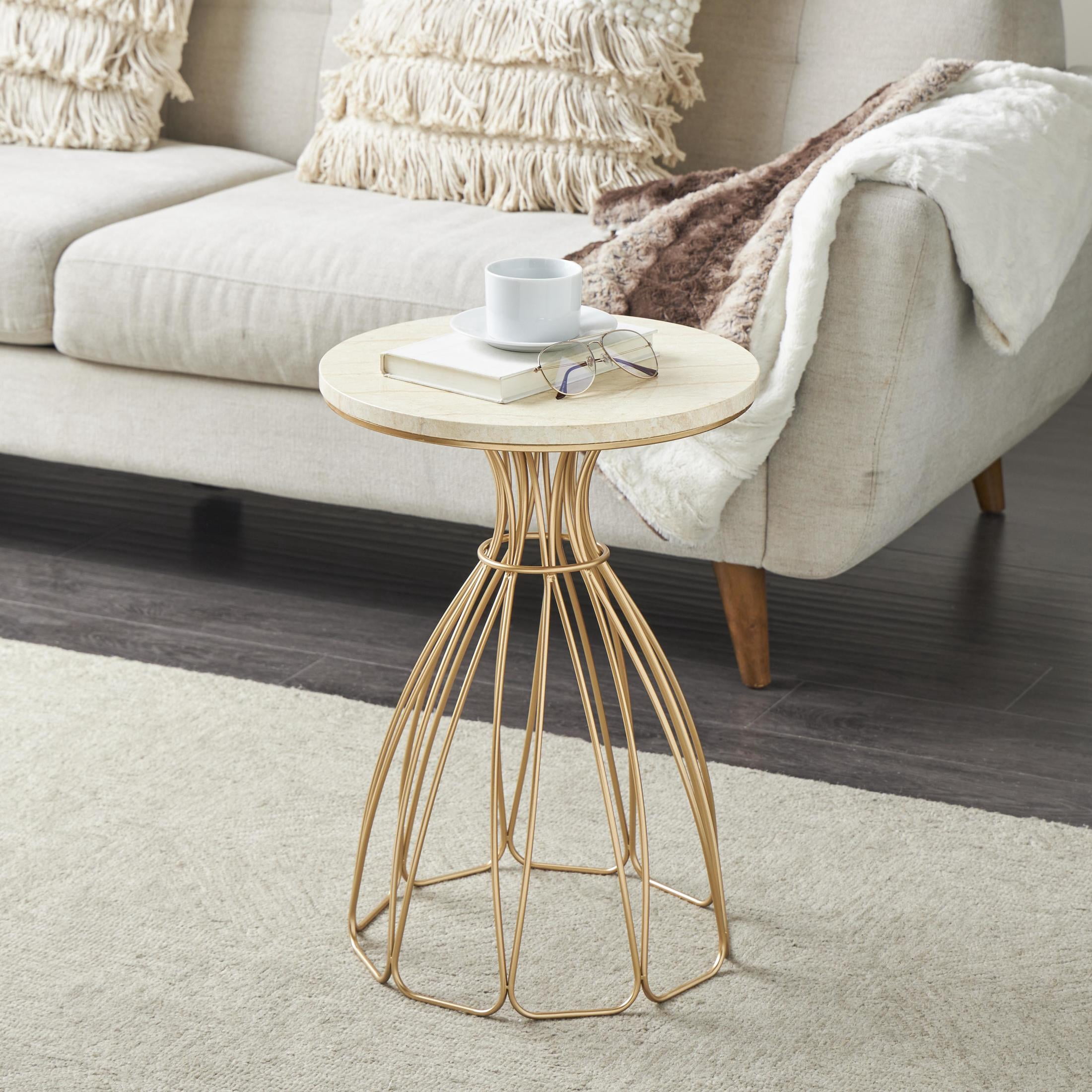 DecMode 16" x 22" Gold Metal Flower Inspired Accent Table with Cream Marble Tabletop, 1-Piece